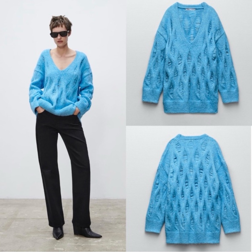 Zara baby blue oversized cable knit long sweater